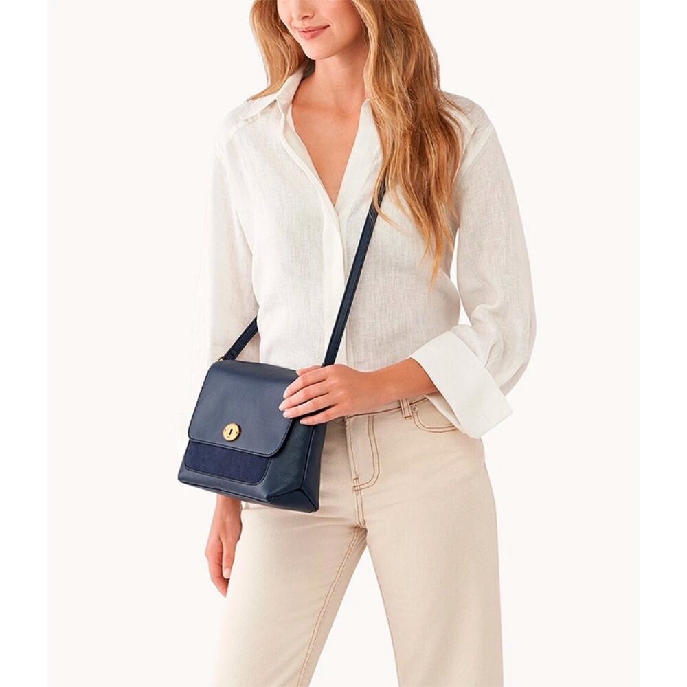 S Fossil Gabriella Navy Blue Leather & Suede Flap Crossbody SHB3053545 NWT $330